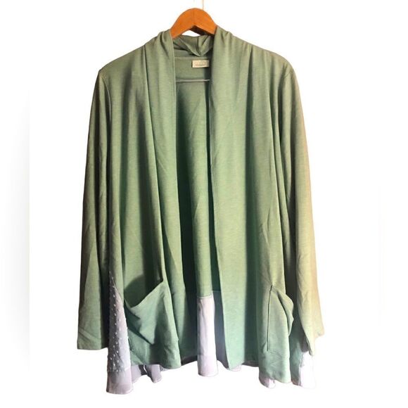 LOGO Lounge By Lori Goldstein Sage Green Open Front Cardigan Chiffon Hem - Picture 1 of 5